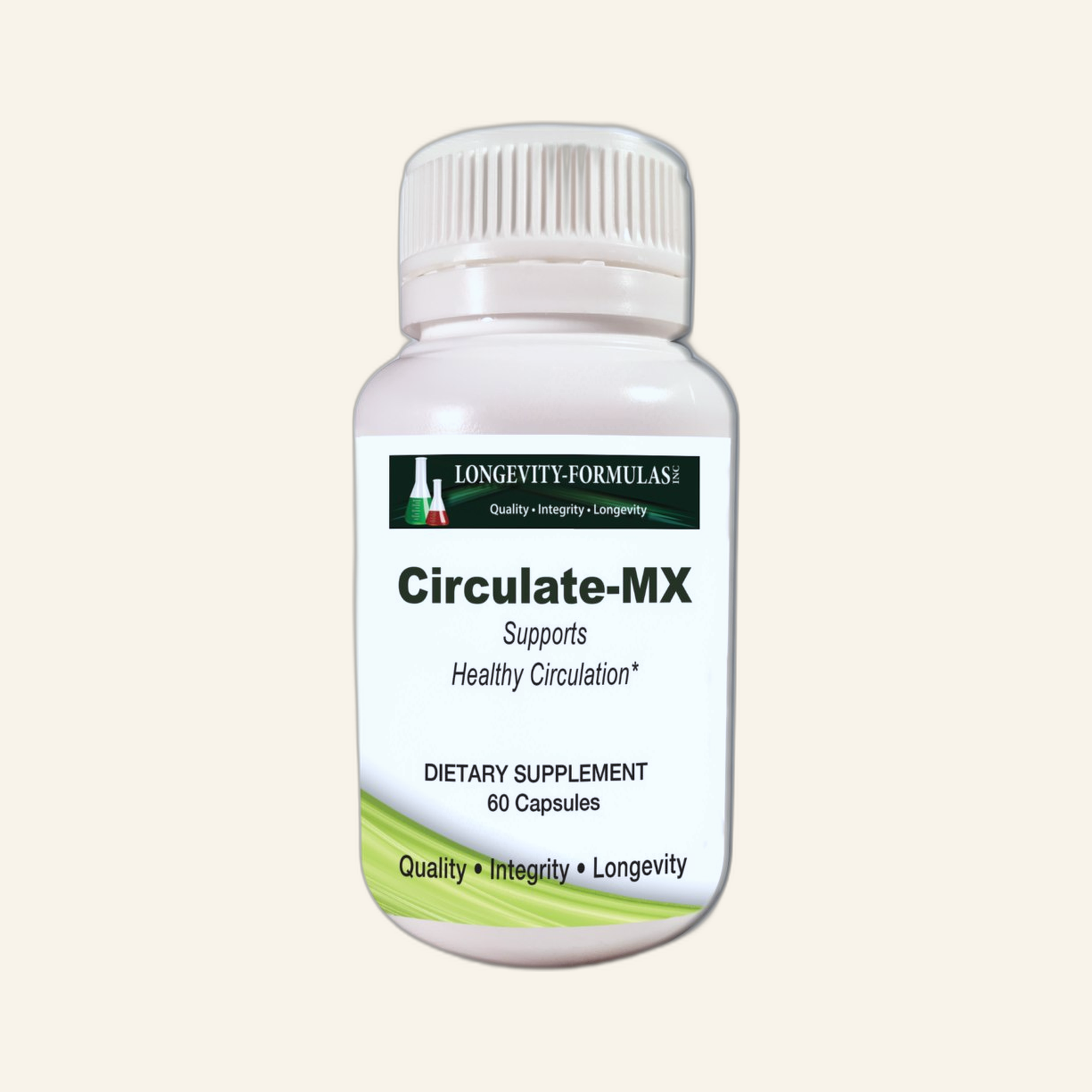 Longevity Formulas Circulate-MX supplement bottle on cream studio background