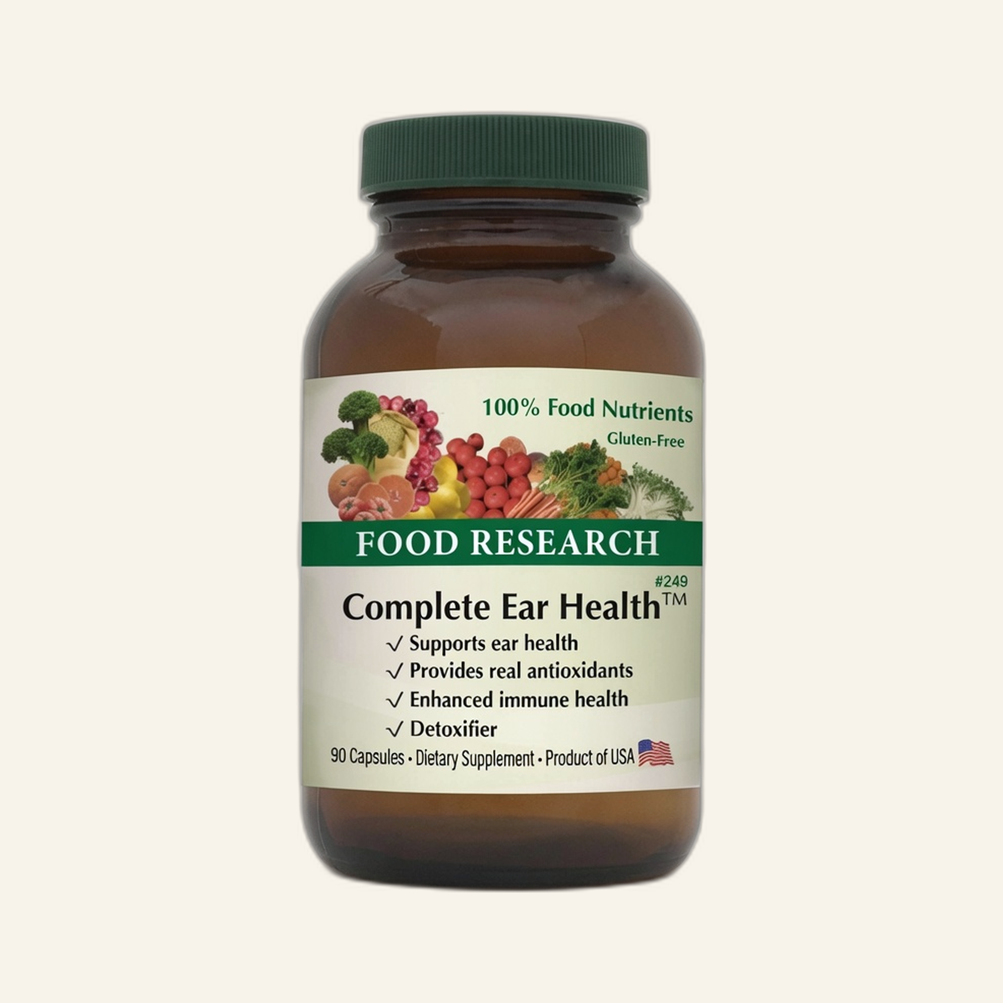 Complete Ear Health supplement bottle on cream studio background