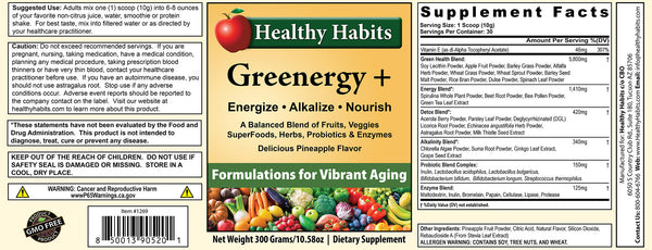 Greenergy+ greens powder supplement label