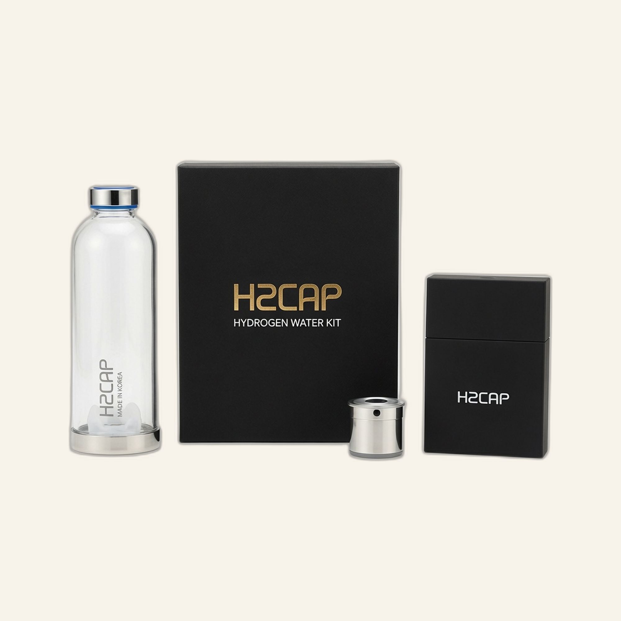 H2CAP Hydrogen Water Kit on cream studio background