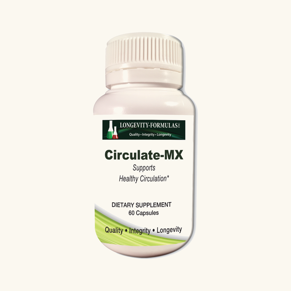 Longevity Formulas Circulate-MX supplement bottle on cream studio background