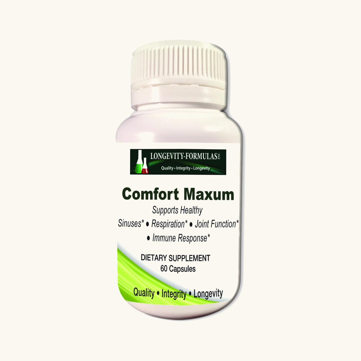 Longevity Formulas Comfort Maxum supplement bottle on cream studio background