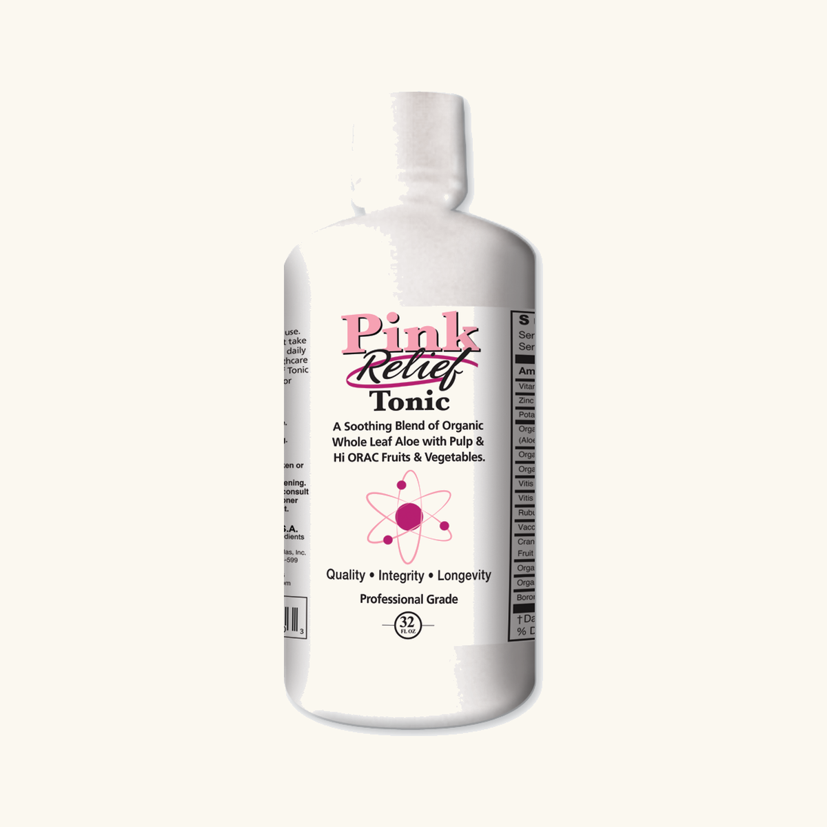 Longevity Formulas Pink Relief Tonic 32 oz bottle on cream studio background