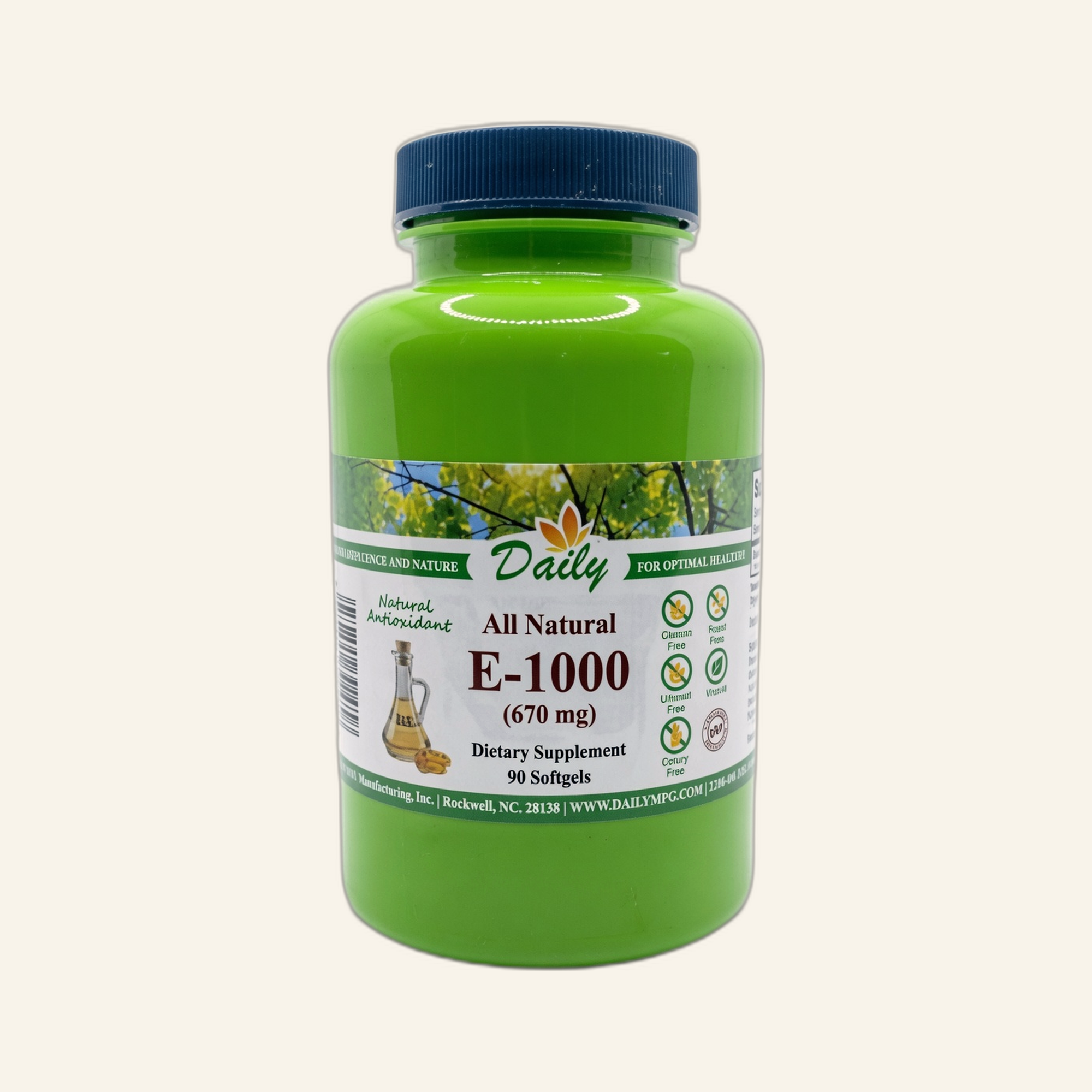 Natural Vitamin E-1000 supplement bottle on cream studio background