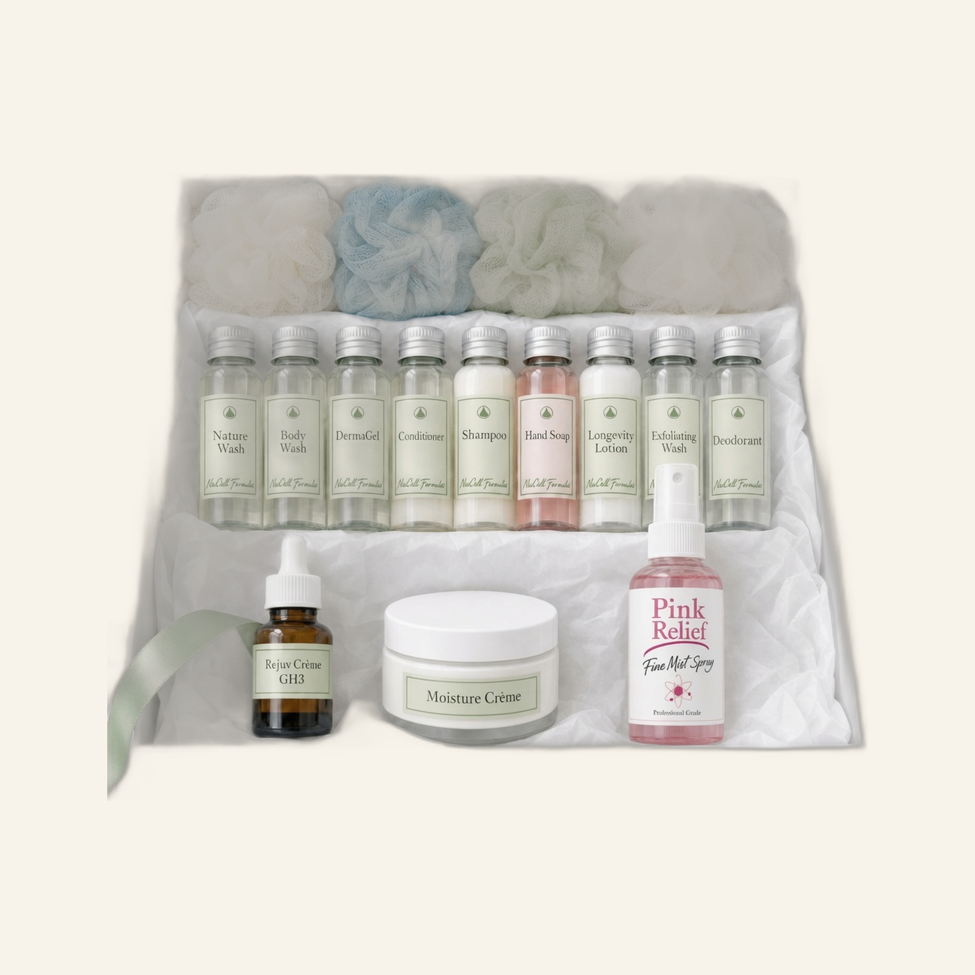 NuCell Formulas Total Experience gift set on cream studio background