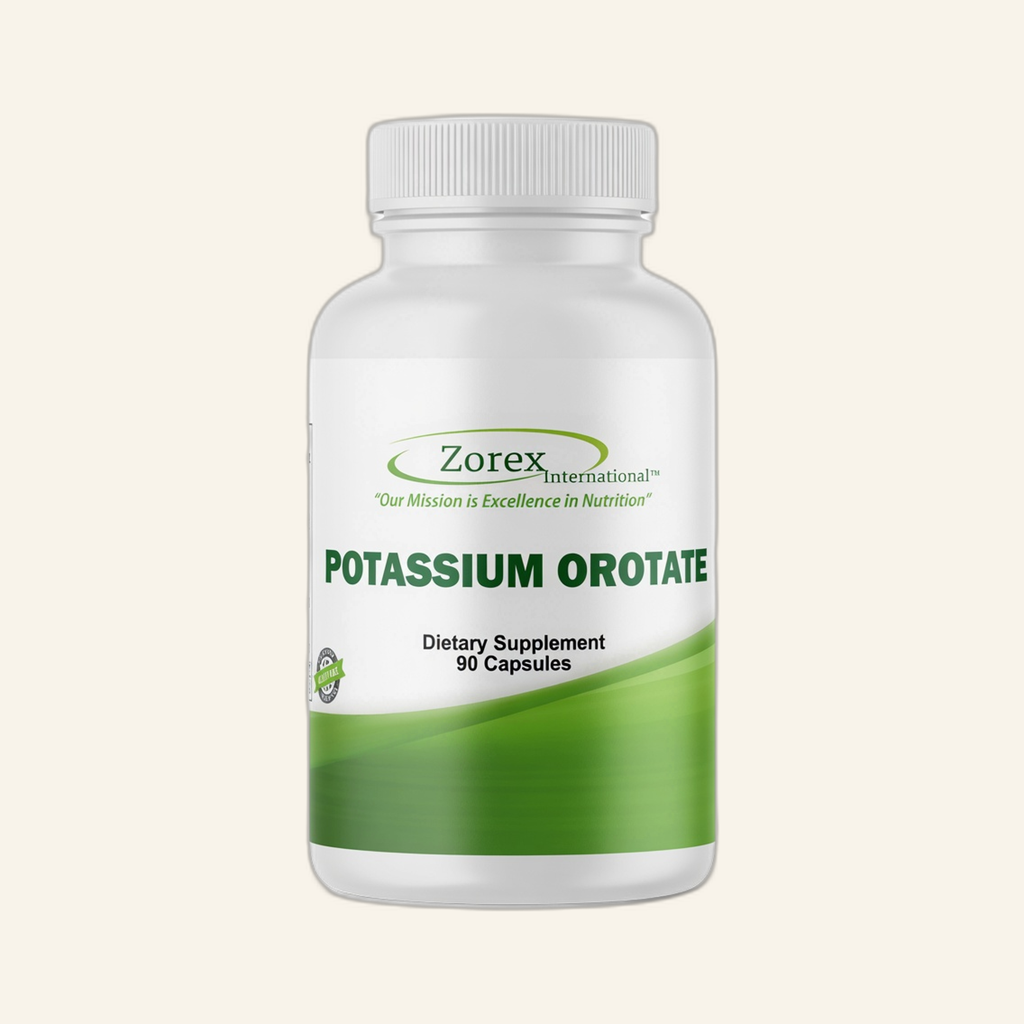 Potassium Orotate supplement bottle on cream studio background