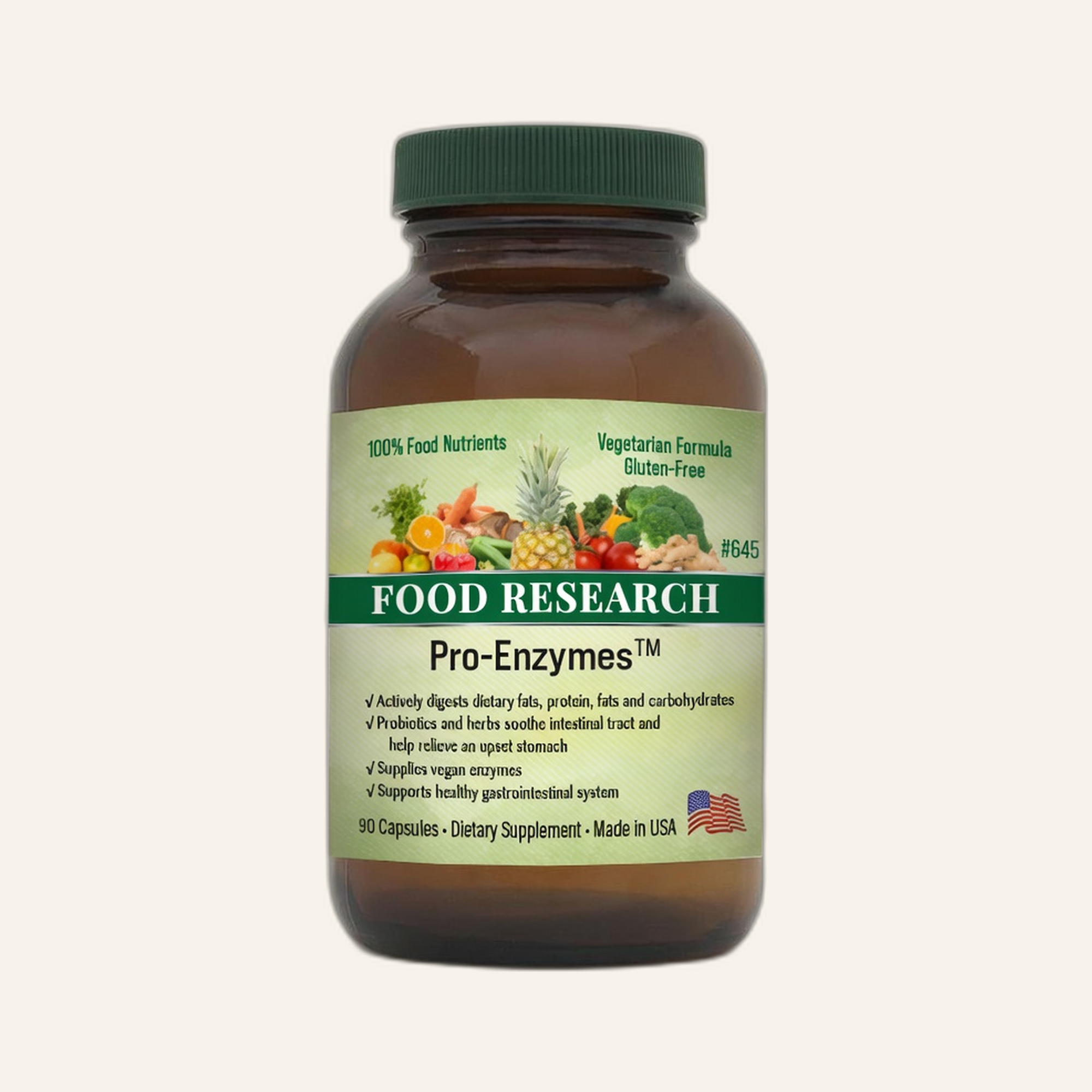 Pro-Enzymes supplement bottle on cream studio background