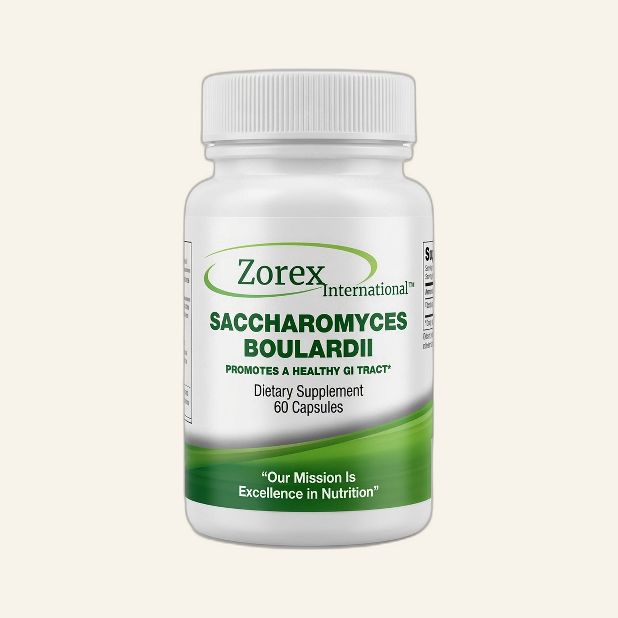 Saccharomyces Boulardii supplement bottle on cream studio background