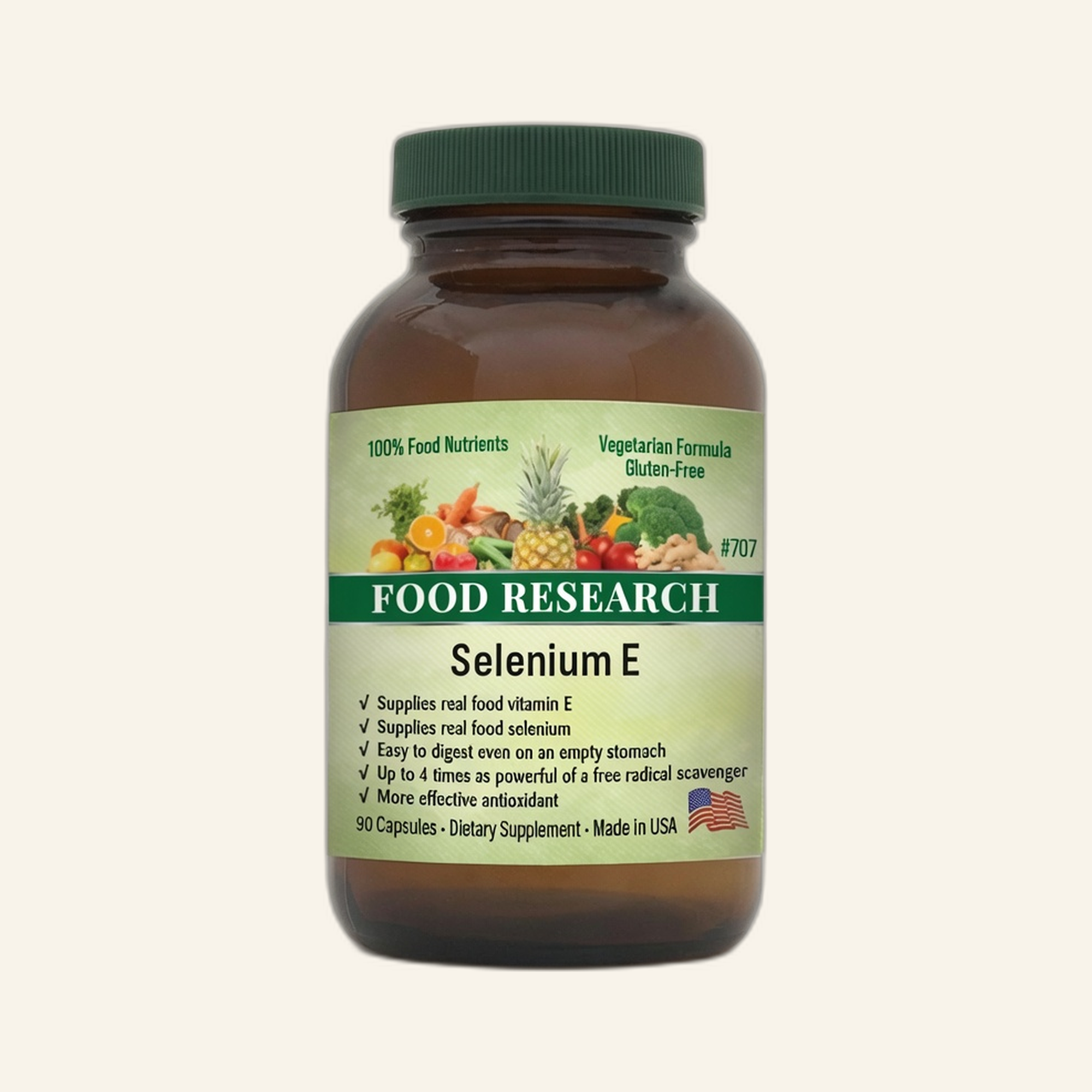 Selenium-E supplement bottle on cream studio background
