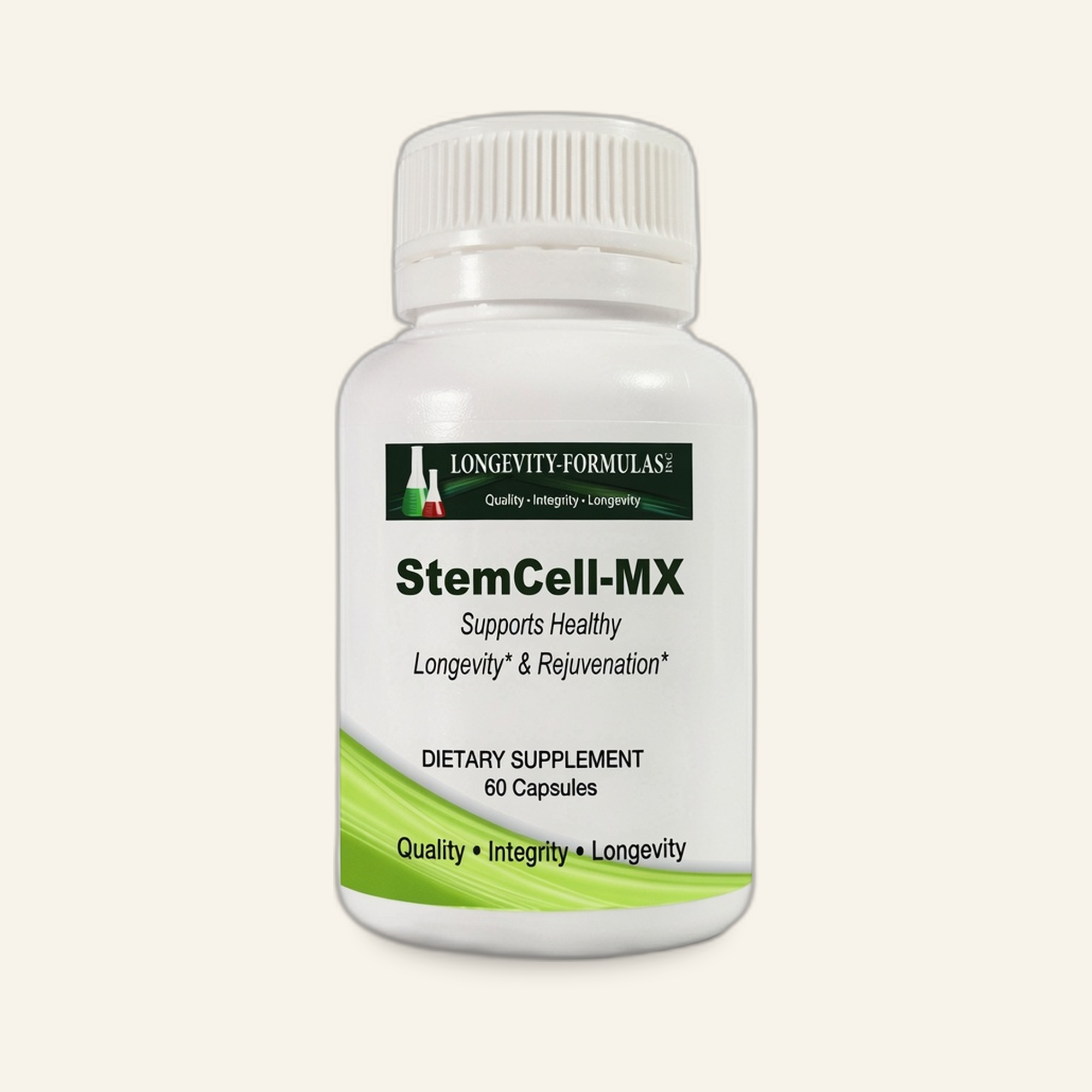 Longevity Formulas StemCell-MX supplement bottle on cream studio background