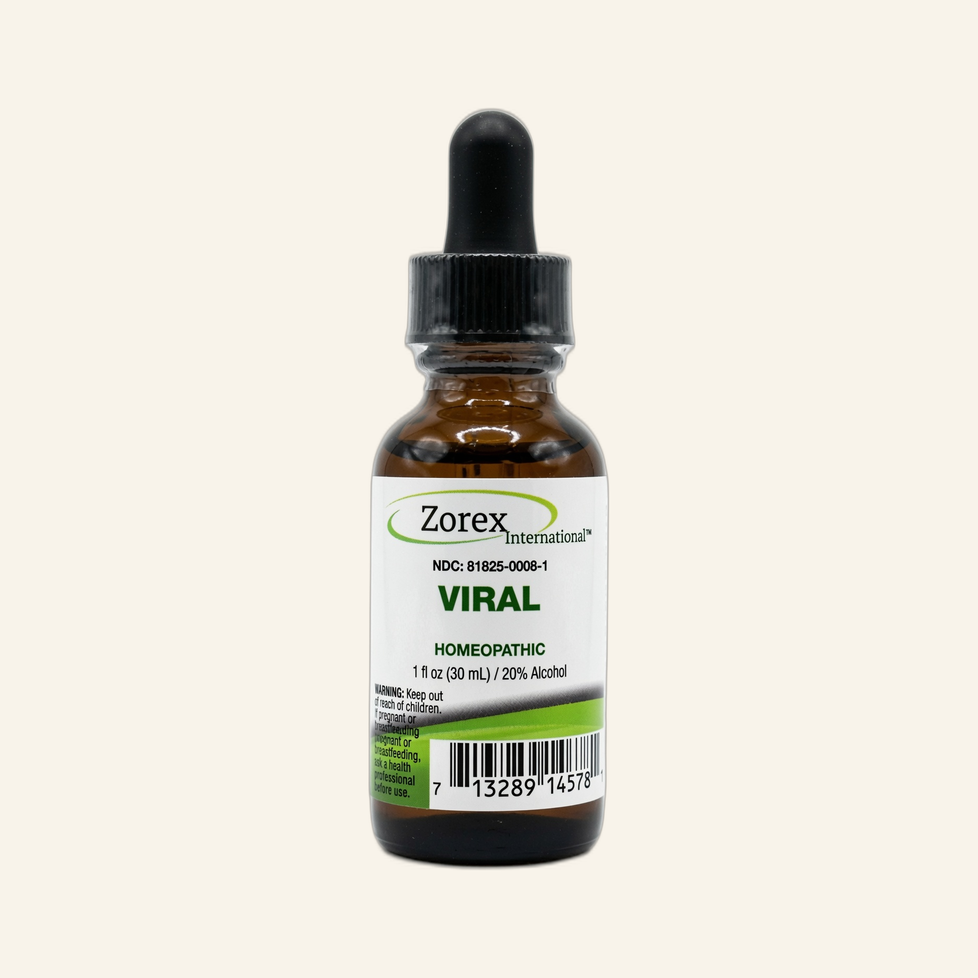 Viral Homeopathic dropper bottle on cream studio background